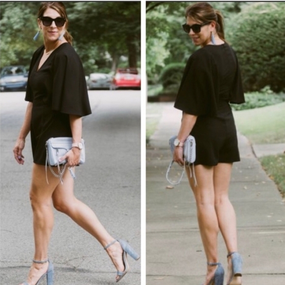 🌸 Leith Nordstrom Flutter Cape Sleeve Black Romper Dress Size Small - Picture 8 of 8